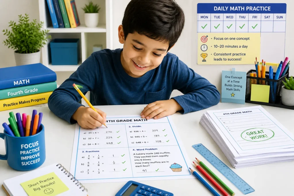 Regular 4th Grade Math Worksheet Practice for Better Math Skills This educational image features a fourth-grade student practicing math with printable worksheets in a bright and organized study space. It highlights the benefits of regular worksheet practice