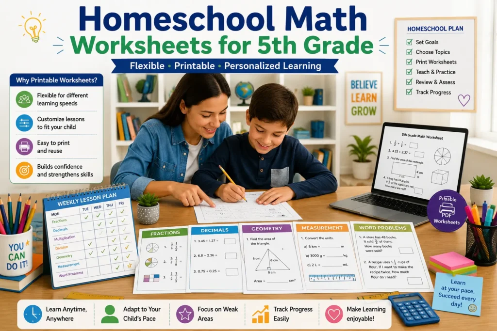Printable 5th Grade Homeschool Math Worksheets A bright homeschool learning environment showing a parent guiding a 5th grade student through printable math worksheets. The image features a personalized lesson plan