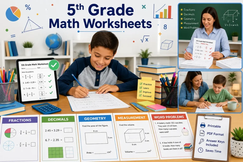 Free 5th Grade Math Worksheets Printable PDF A colorful educational illustration showing a 5th grade student solving printable math worksheets while a teacher reviews answer keys. The image highlights fractions
