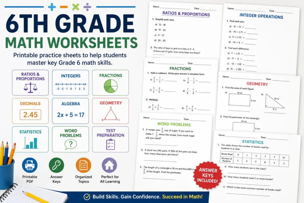 6th Grade Math Worksheets – Printable Grade 6 Practice Sheets PDF This featured image showcases a collection of printable 6th grade math worksheets designed to help students master key Grade 6 concepts.