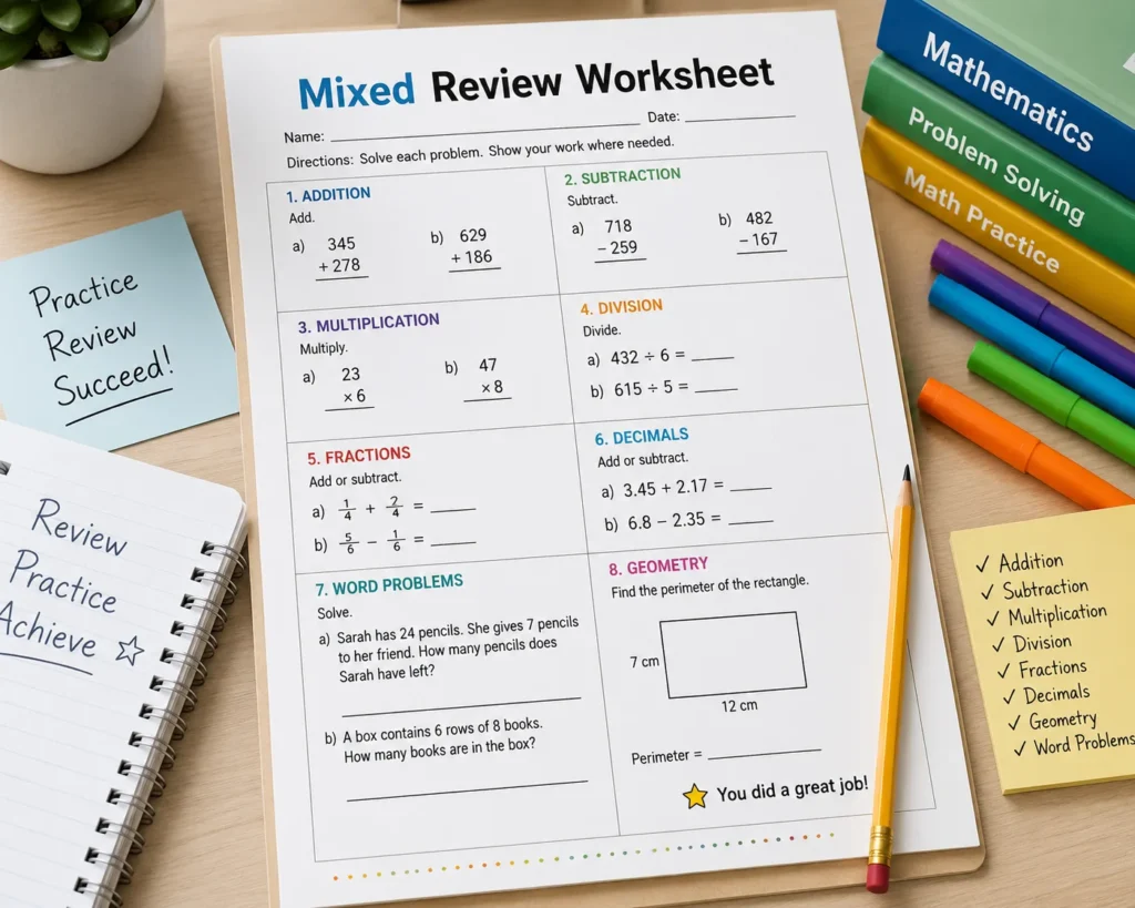 Mixed Review Math Worksheets for Quiz & Test Preparation math worksheet designed to help students practice a variety of essential math concepts in a single exercise. Covering topics such as addition