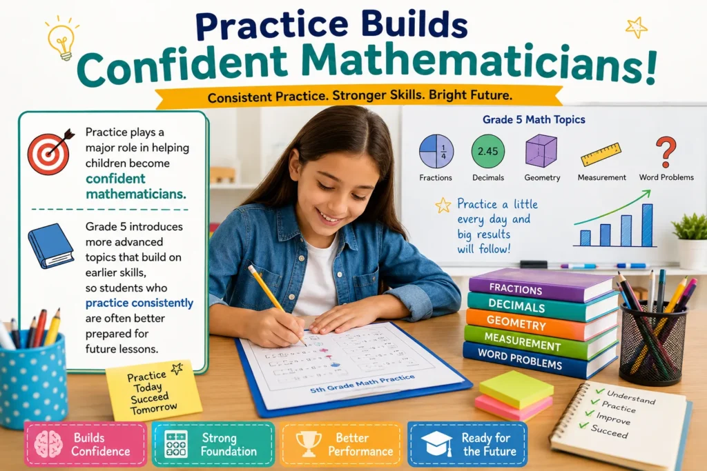 Why Daily Math Practice Matters for 5th Grade Students A colorful educational illustration showing a 5th grade student completing printable math worksheets in a bright classroom. The image highlights key topics such as fractions, decimals