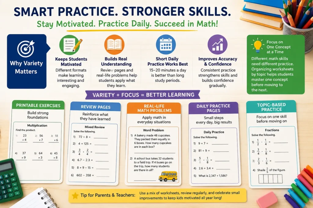 4th Grade Math Worksheet Practice Tips for Better Learning This educational infographic highlights the benefits of using different 4th grade math worksheet formats, such as printable exercises, review pages, daily practice sheets