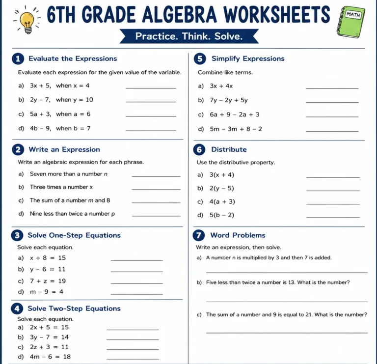 6th grade algebra worksheets