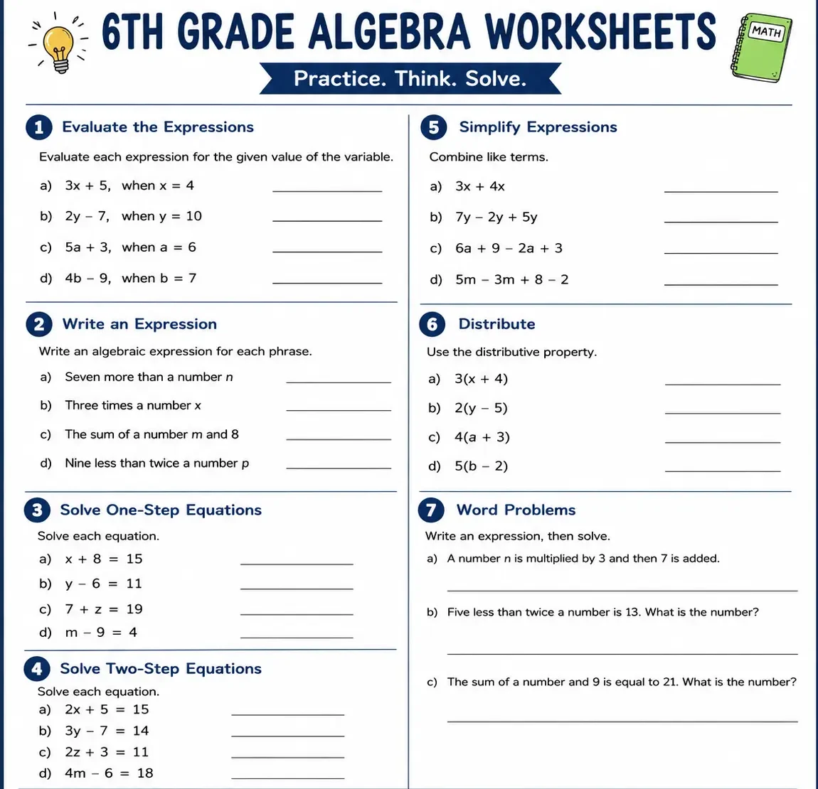 6th grade algebra worksheets
