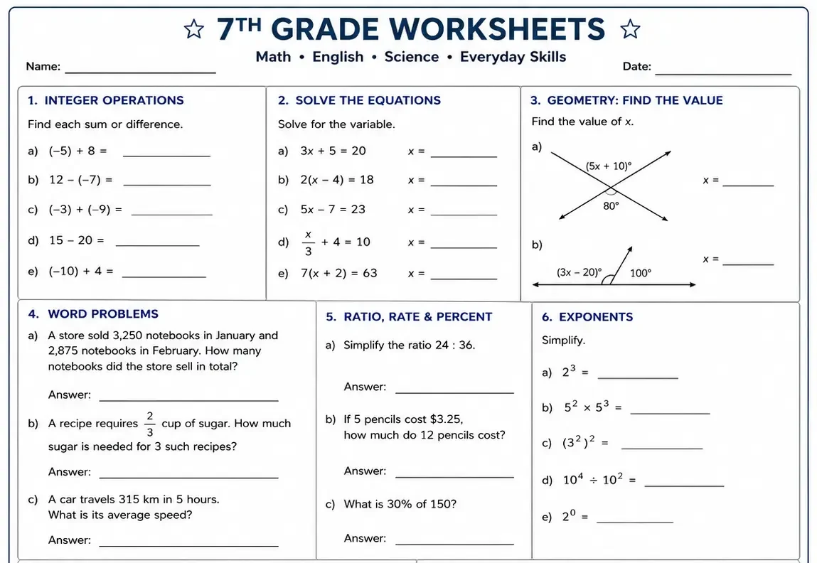 7th grade worksheets