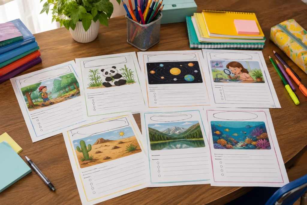 Primary School Reading Worksheets Grade 3 with printable fiction and nonfiction reading comprehension pages on a wooden study desk.