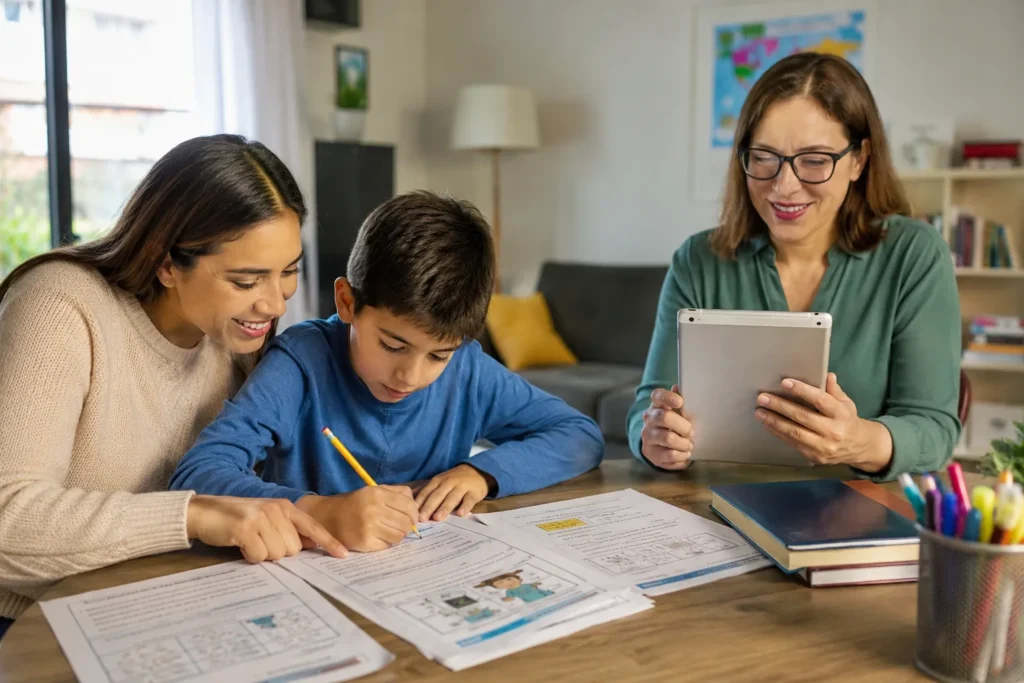 Parent helping an 8-year-old child complete Grade 3 reading comprehension worksheets at home while a teacher monitors progress on a tablet.