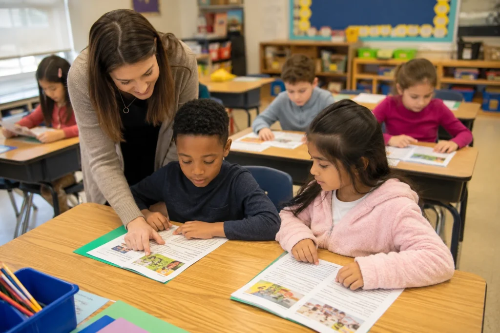 Grade 3 students reading colorful comprehension worksheets in a bright classroom while a teacher guides them during a reading lesson.