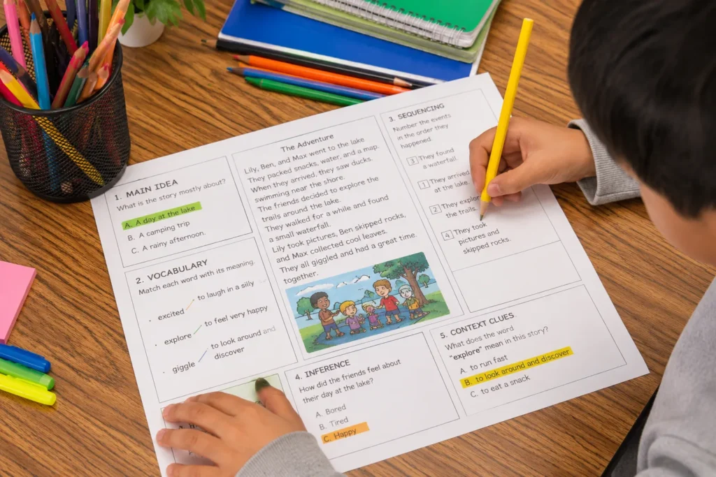 Close-up of a Grade 3 student completing a reading comprehension worksheet using colorful pencils in an elementary classroom.