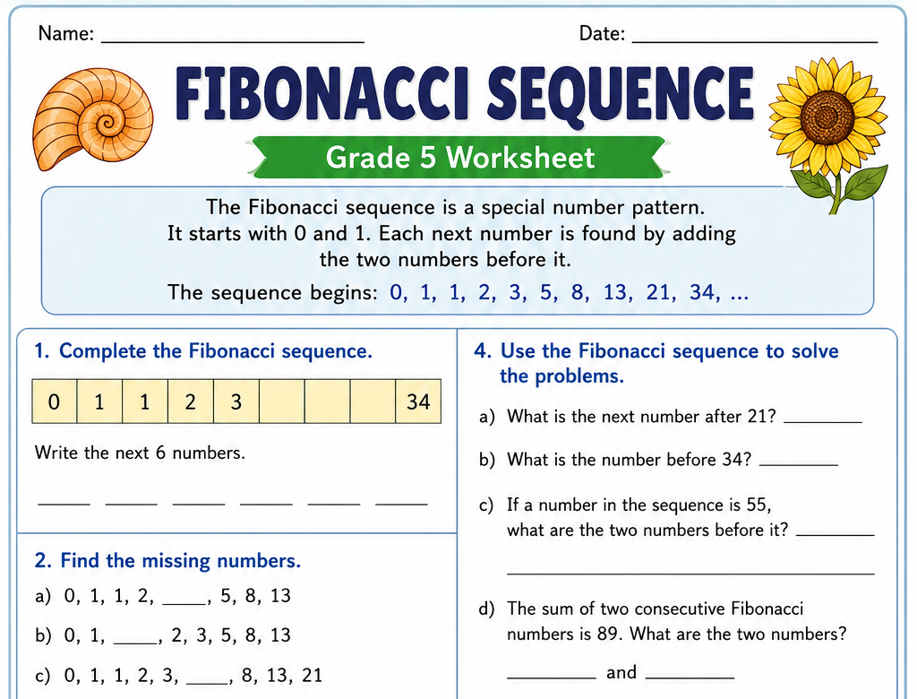 fibonacci grade 5 worksheet