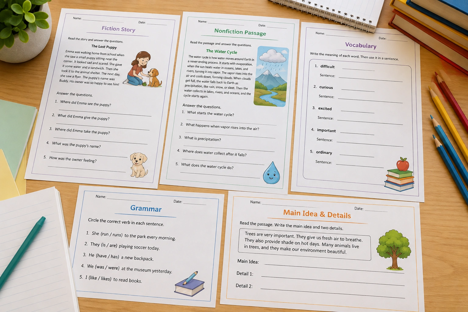 Printable 5th grade English worksheets covering reading comprehension, grammar, vocabulary, and writing activities arranged on a study desk.