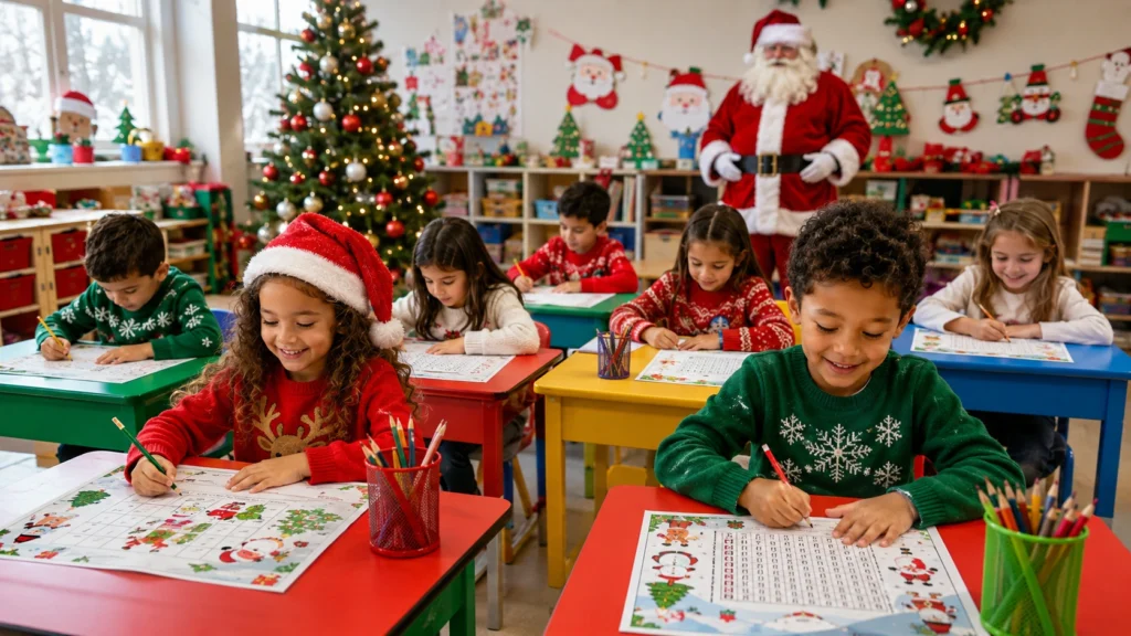 Preschool and elementary school children using Christmas printable worksheets in a festive classroom with Christmas tree, Santa Claus, colorful desks, and holiday decorations.