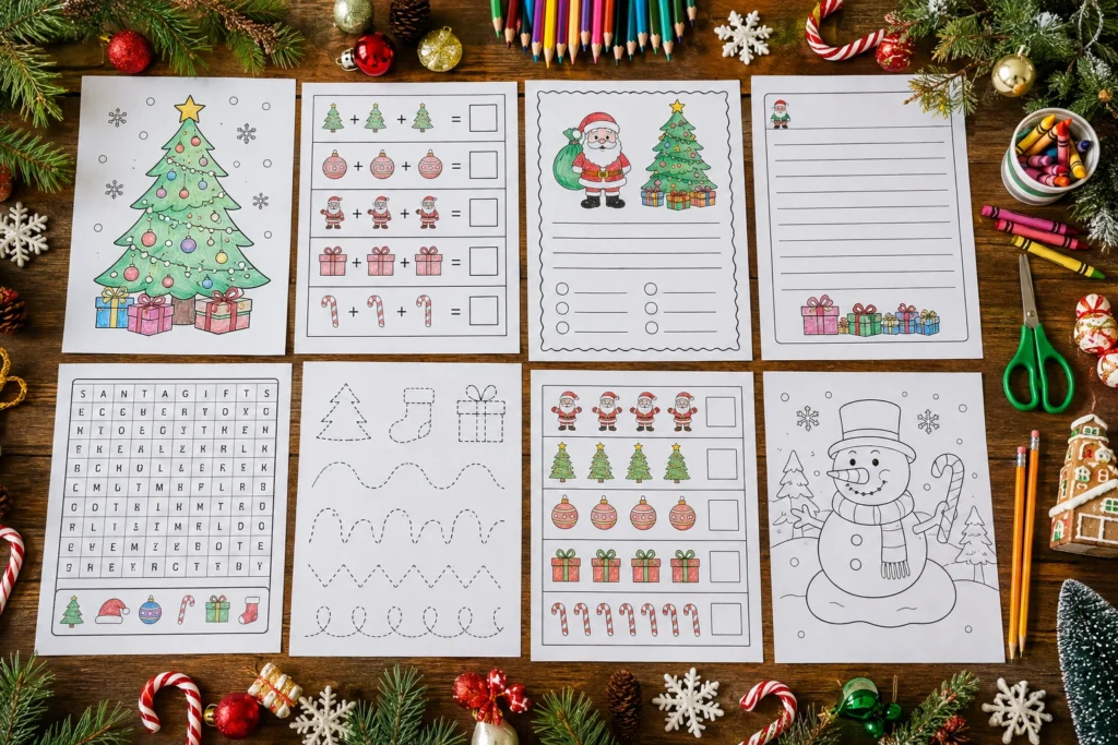 Top-down view of printable Christmas worksheets including coloring pages, math activities, reading comprehension, writing practice