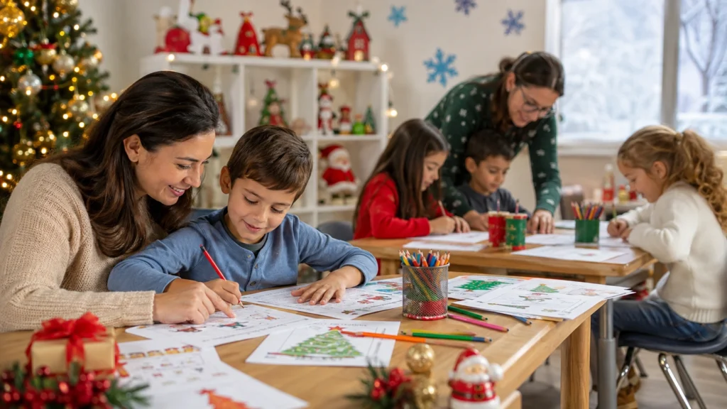 Parent helping a child complete Christmas printable worksheets while a teacher assists students with festive learning activities in a decorated classroom.