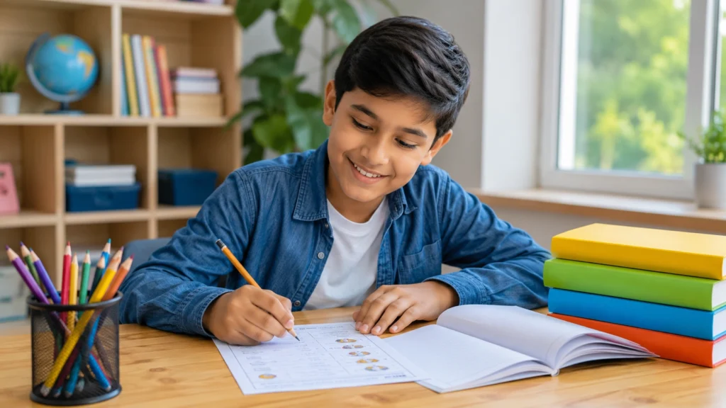 Primary 5 student smiling while completing a printable English worksheet at a study desk with books, notebook, and pencils in a bright learning environment.