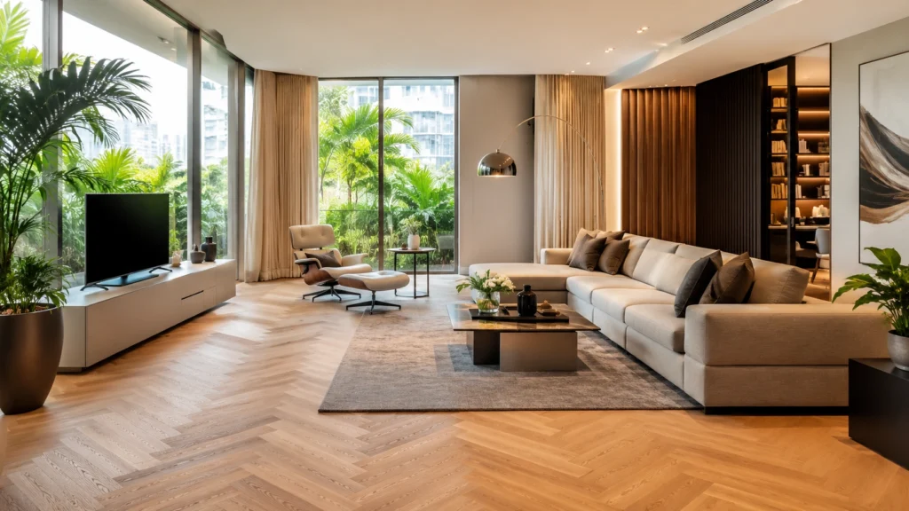 Luxury Herringbone Parquet Flooring in a Modern Singapore Living Room Modern Singapore living room featuring elegant herringbone parquet flooring, natural oak wood texture, contemporary furniture, and large windows with tropical daylight.