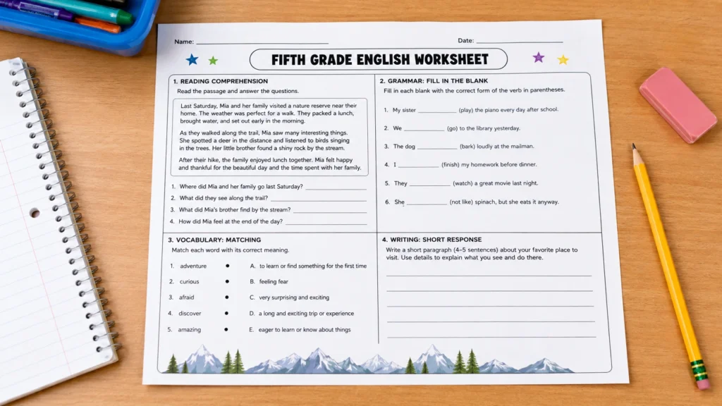 Printable fifth grade English worksheet featuring reading comprehension, grammar exercises, vocabulary matching, and classroom learning materials on a school desk.