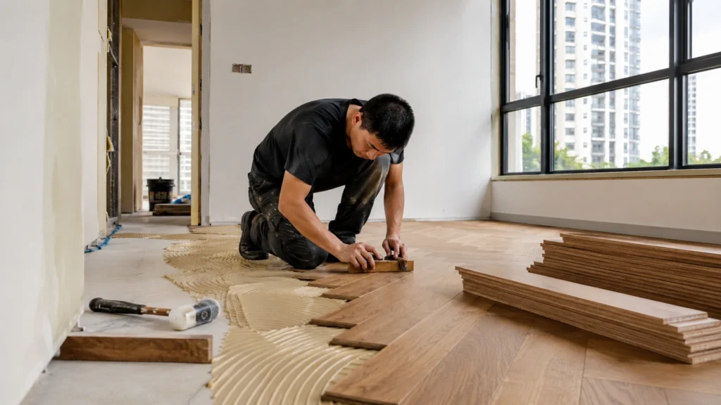 Professional Herringbone Parquet Flooring Installation in Singapore Apartment Professional flooring installer laying herringbone parquet flooring in a modern Singapore apartment using precision installation tools during a home renovation.