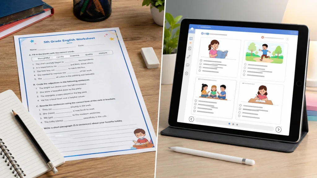 Printed fifth grade English worksheet compared with a digital English worksheet on a tablet in a modern learning environment.