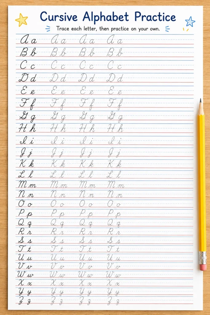 Cursive Alphabet Practice Worksheet A–Z Free printable cursive alphabet practice worksheet with uppercase and lowercase A–Z letters, dotted tracing examples and handwriting guide lines.