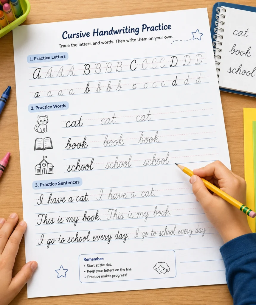 Cursive Handwriting Practice Worksheet for Kids Printable cursive handwriting practice worksheet for kids with uppercase and lowercase letters, simple words, sentences, and tracing lines.