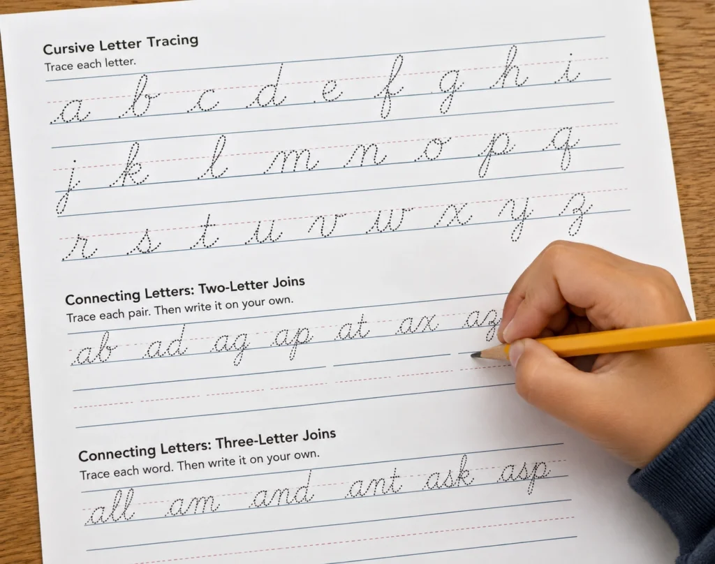 Cursive Letter Tracing and Connecting Letters Worksheet Cursive letter tracing worksheet with dotted lowercase letters, connecting letter practice, handwriting guide lines, and child writing with pencil.