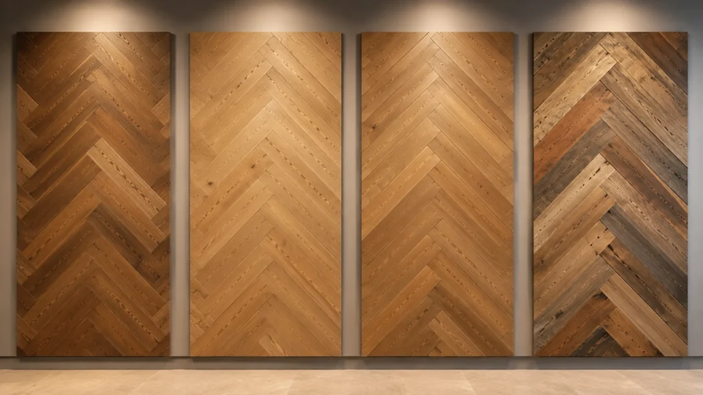 Four Types of Parquet Flooring in Singapore – Solid, Engineered, Prefinished Premium showroom display featuring four different parquet flooring samples side by side, including solid wood, engineered wood, prefinished parquet